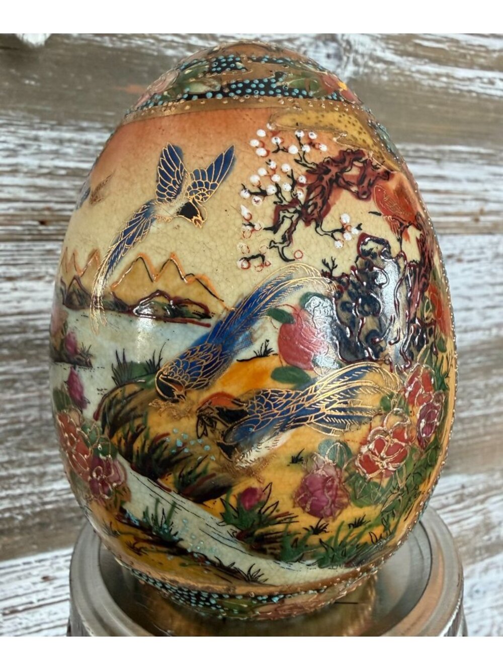 Satsuma Japanese Hand Painted Egg Birds Flowers Landscapes With Gold Gilt Accent